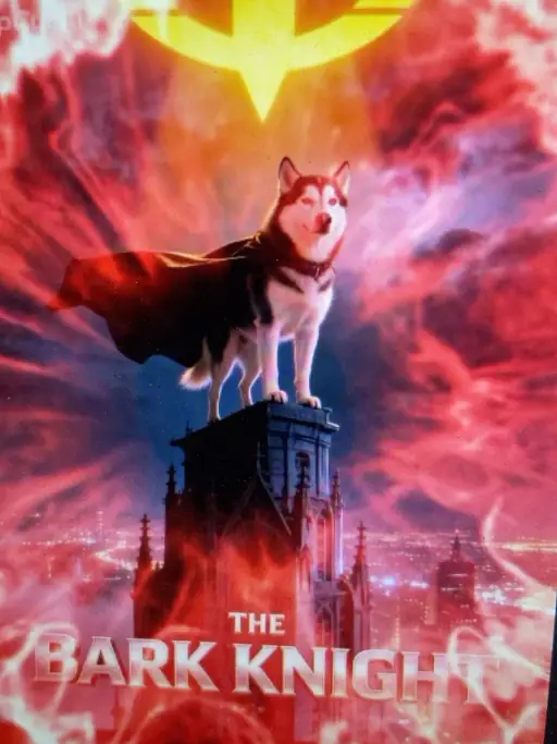 Cooper as The Bark Knight standing heroically above the city