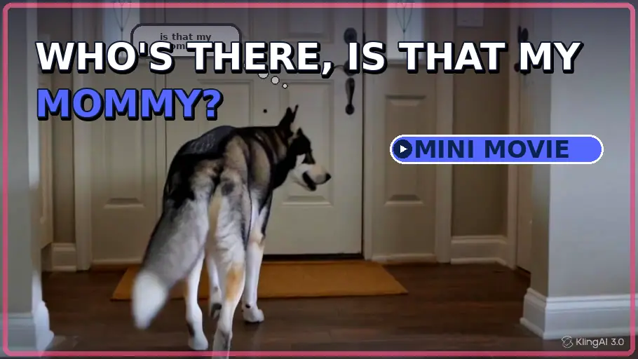 Cooper walking toward the front door with a speech bubble asking if that is his mommy